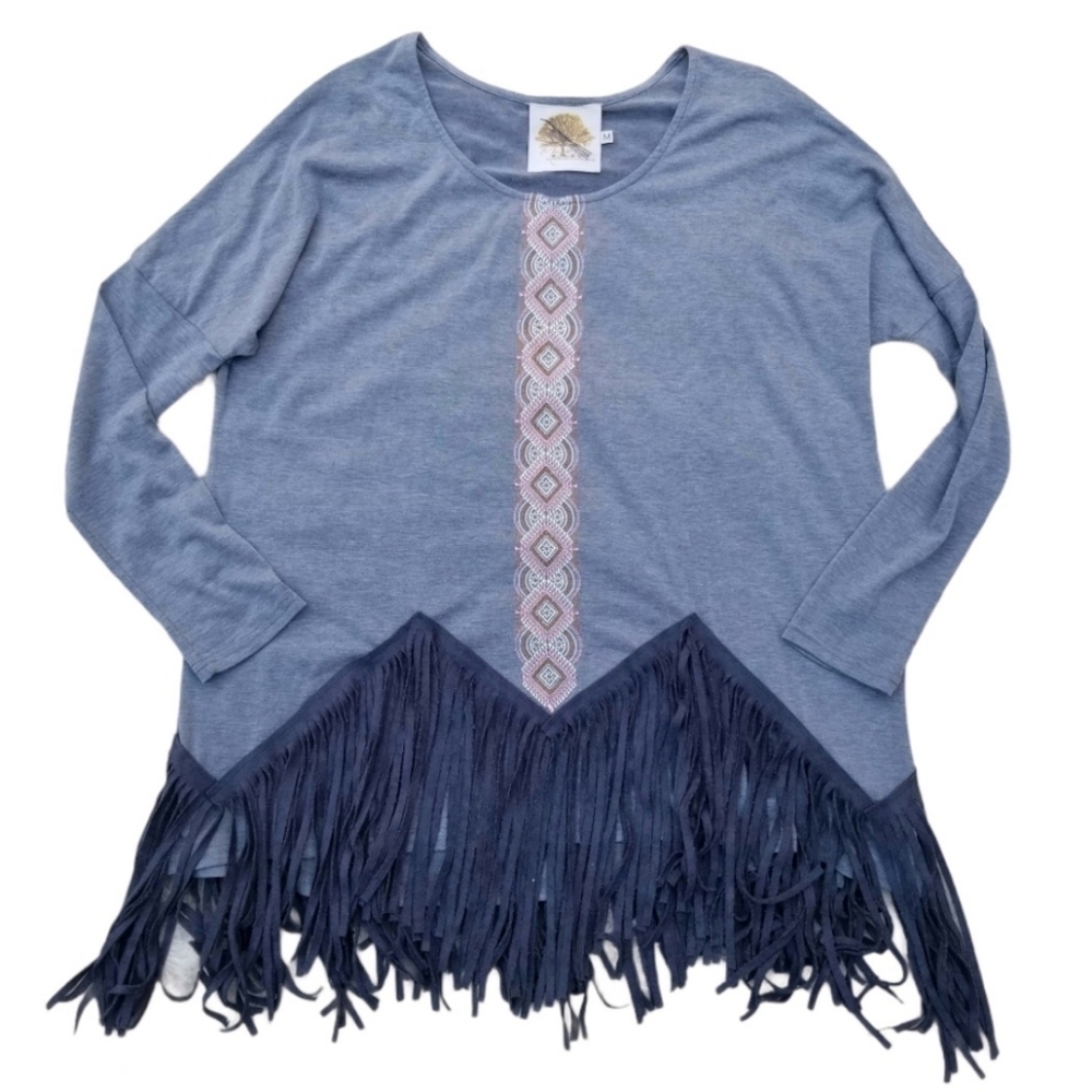 Missy Robertson gray fringe blouse long sleeve M Boho Top Duck Dynasty
